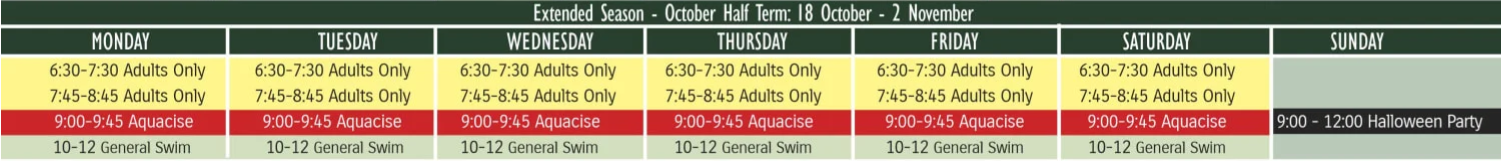 2025 October Half Term Pool Timetable