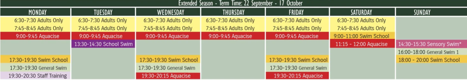 2025 Extended Season Pool Timetable