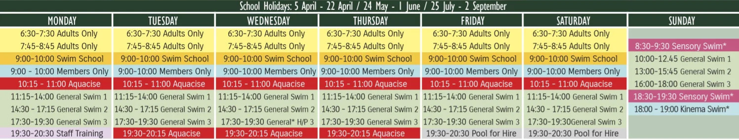 2025 School Holidays Pool Timetable